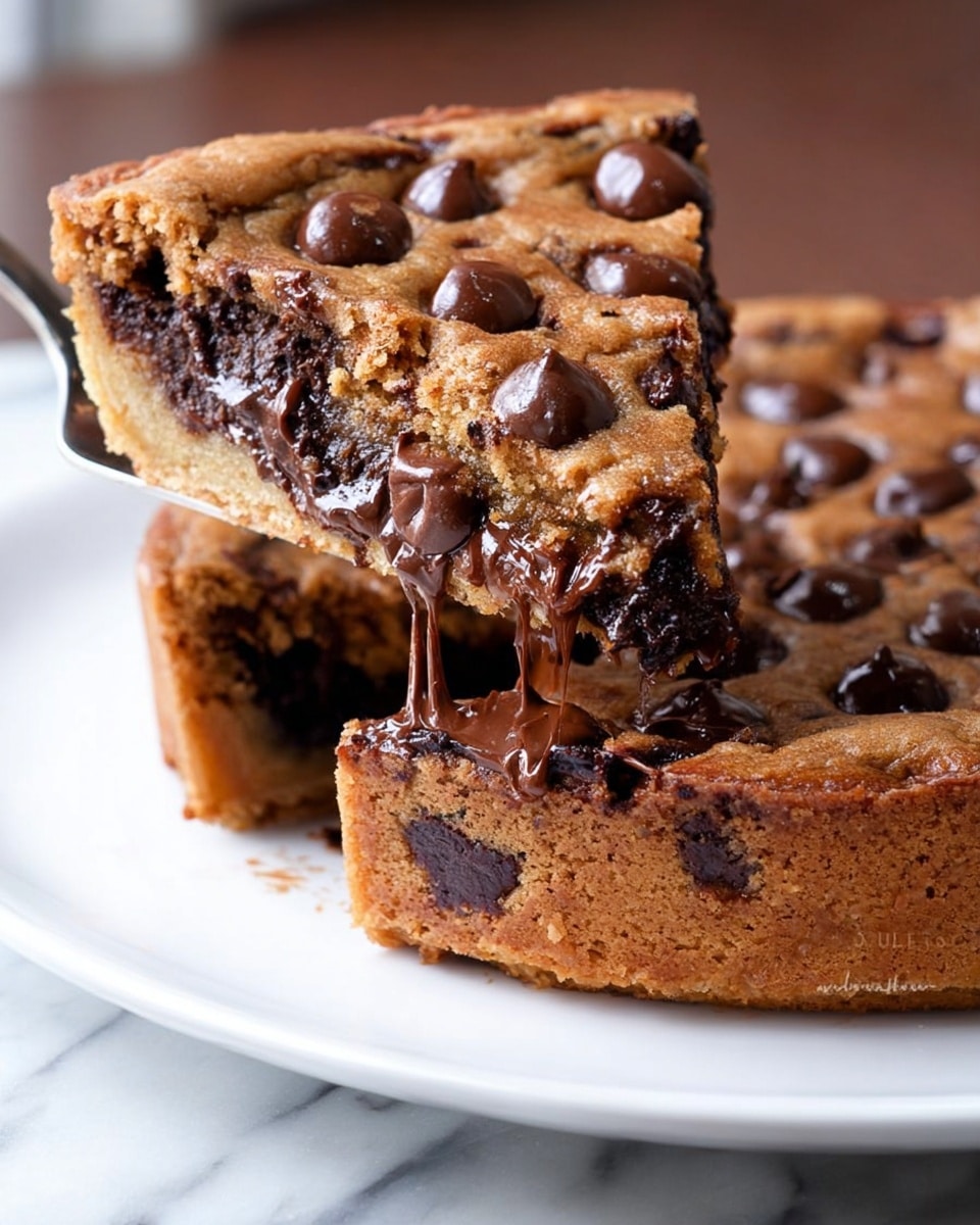 A thick slice of chocolate chip cookie cake sits on a white plate, showing its crumbly, soft texture filled with dark chocolate chunks. On top of the slice, there is a single scoop of white vanilla ice cream, smooth and round. A rich, glossy dark chocolate sauce is poured over the ice cream, running down its sides and dripping slightly. There are also a few chocolate chips scattered on the cookie slice. The plate rests on a white marbled surface covered partly by a purple cloth, and in the background, the whole cookie cake is visible on a white plate. Photo taken with an iphone --ar 4:5 --v 7