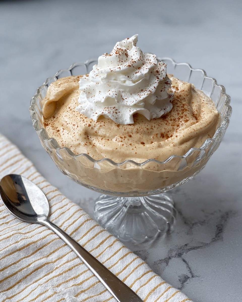 A clear glass dessert bowl with scalloped edges is filled with thick, light tan mousse that has a creamy, slightly uneven texture. The mousse is topped with a small swirl of bright white whipped cream, which has a soft, airy texture, and is lightly sprinkled with fine brown cinnamon powder. The bowl is placed on a white marbled surface, next to a silver spoon with a shiny handle, and a white and pale yellow striped cloth is nearby. photo taken with an iphone --ar 4:5 --v 7