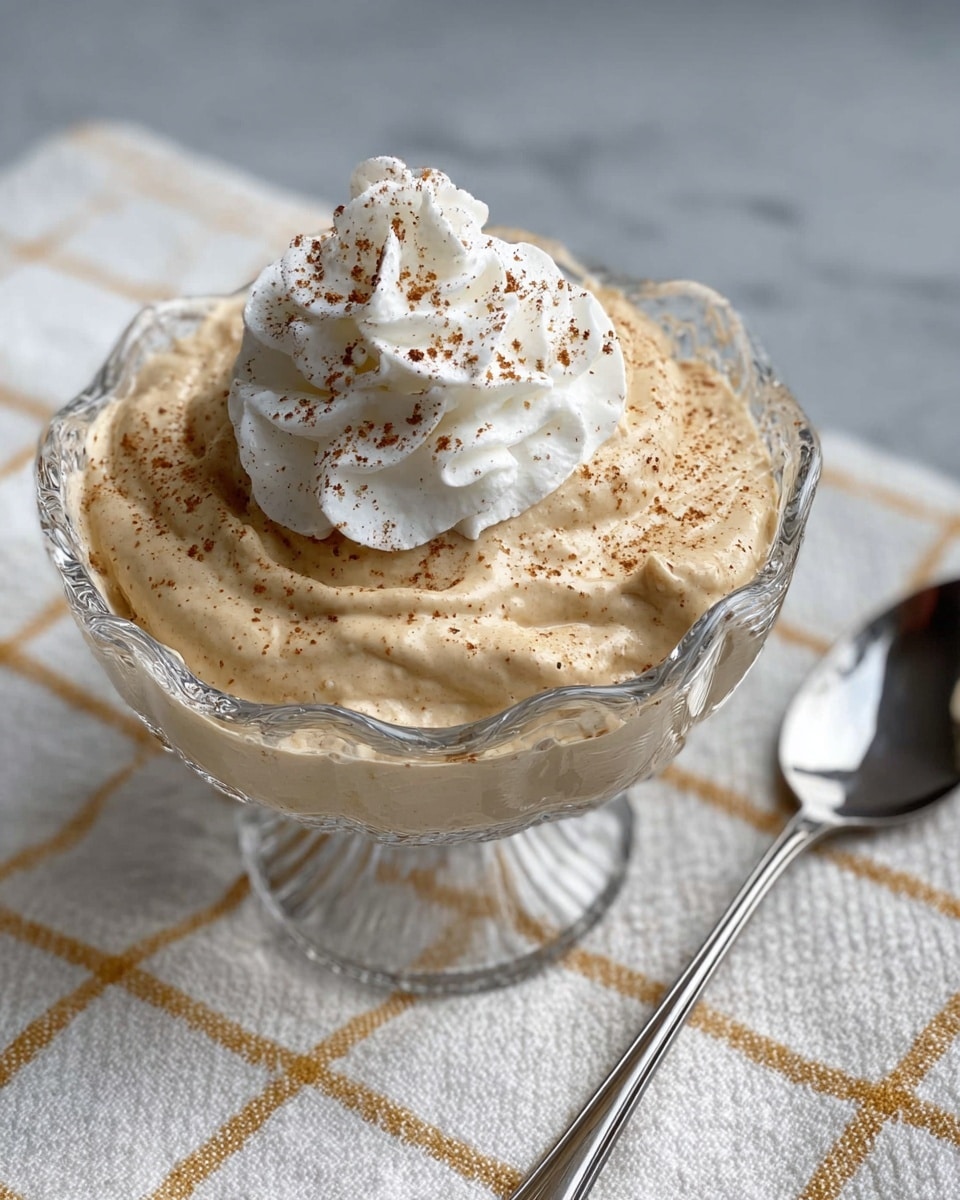 A glass dessert bowl with scalloped edges is filled with a smooth, light beige mousse that occupies almost the entire bowl. The mousse has a soft, fluffy texture with gentle swirls on the surface. On top, there is a whipped cream dollop, bright white and airy, slightly peaked in the center. The mousse and whipped cream are sprinkled with fine, dark brown cinnamon powder, adding contrast and texture. The bowl is placed on a white marbled surface with a soft, patterned white cloth nearby and a silver spoon beside the bowl. photo taken with an iphone --ar 4:5 --v 7