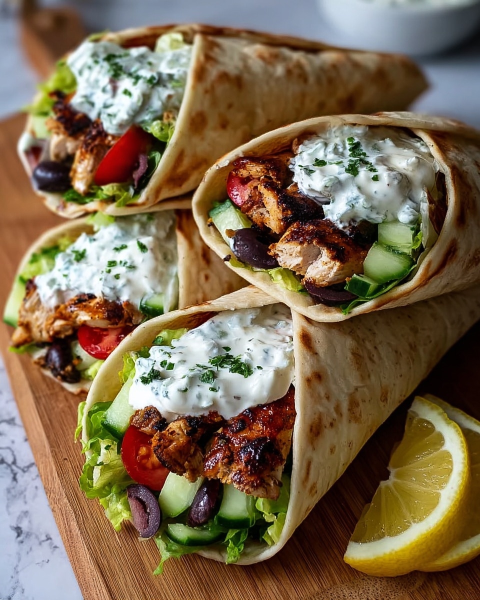 The image shows three wraps on a wooden board with a white marbled surface in the background. Each wrap has a soft, light brown toasted flatbread folded around layers that include pieces of grilled chicken with a dark, charred texture, fresh green lettuce, diced cucumbers, sliced red tomatoes, and black olives. On top of the fillings, there is a thick layer of white creamy sauce sprinkled with small green herbs. To the right side of the wraps, there is a half slice of lemon. The photo is taken with an iphone --ar 4:5 --v 7
