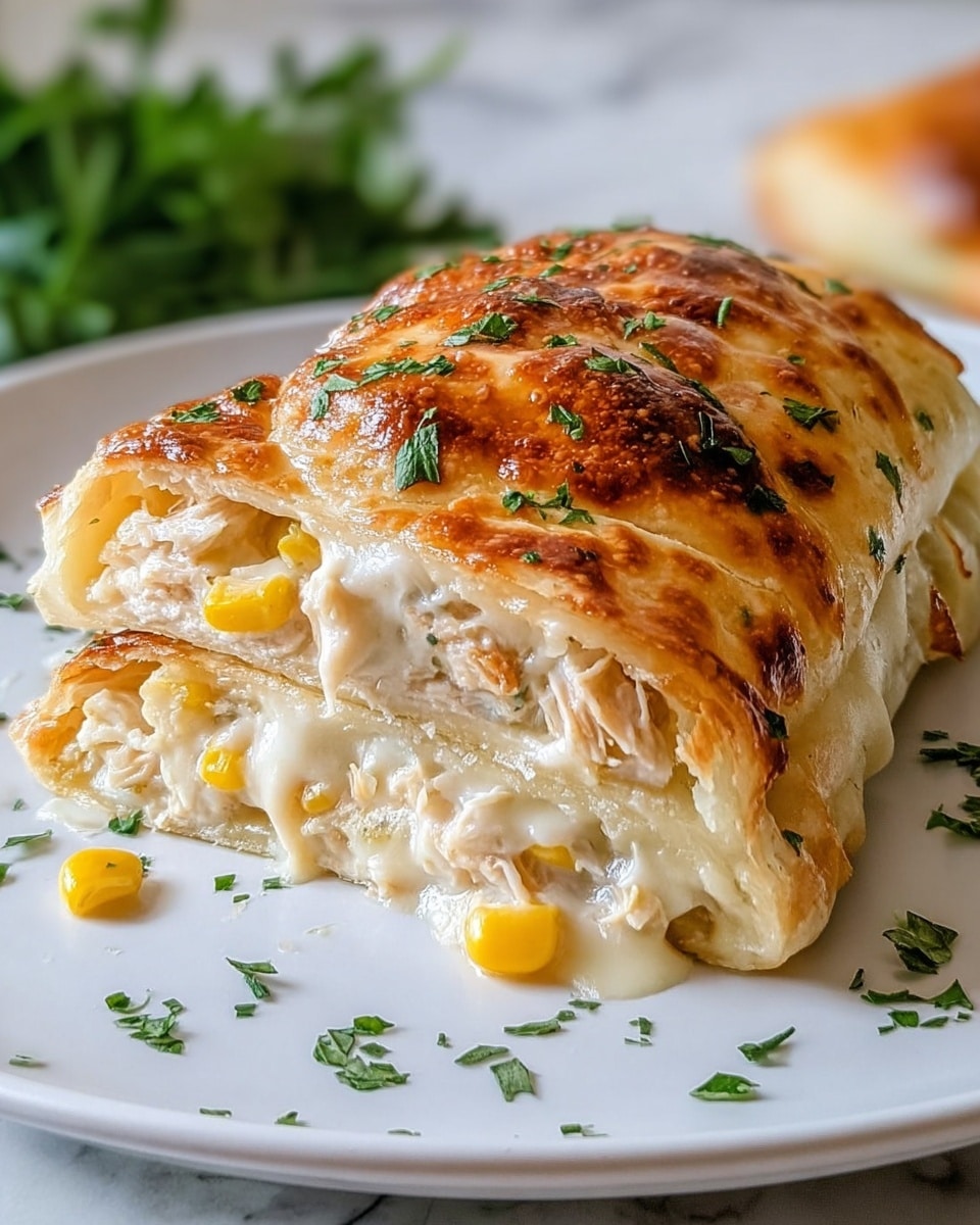 The image shows a close-up of a folded pastry with a golden brown, bubbly, and slightly crispy top layer sprinkled with small green herb bits. Inside, there are visible layers of creamy white shredded chicken mixed with chunks of yellow corn, all enveloped in a soft doughy layer. The pastry is placed on a white plate with scattered herbs around it, set on a white marbled textured surface. Photo taken with an iphone --ar 4:5 --v 7