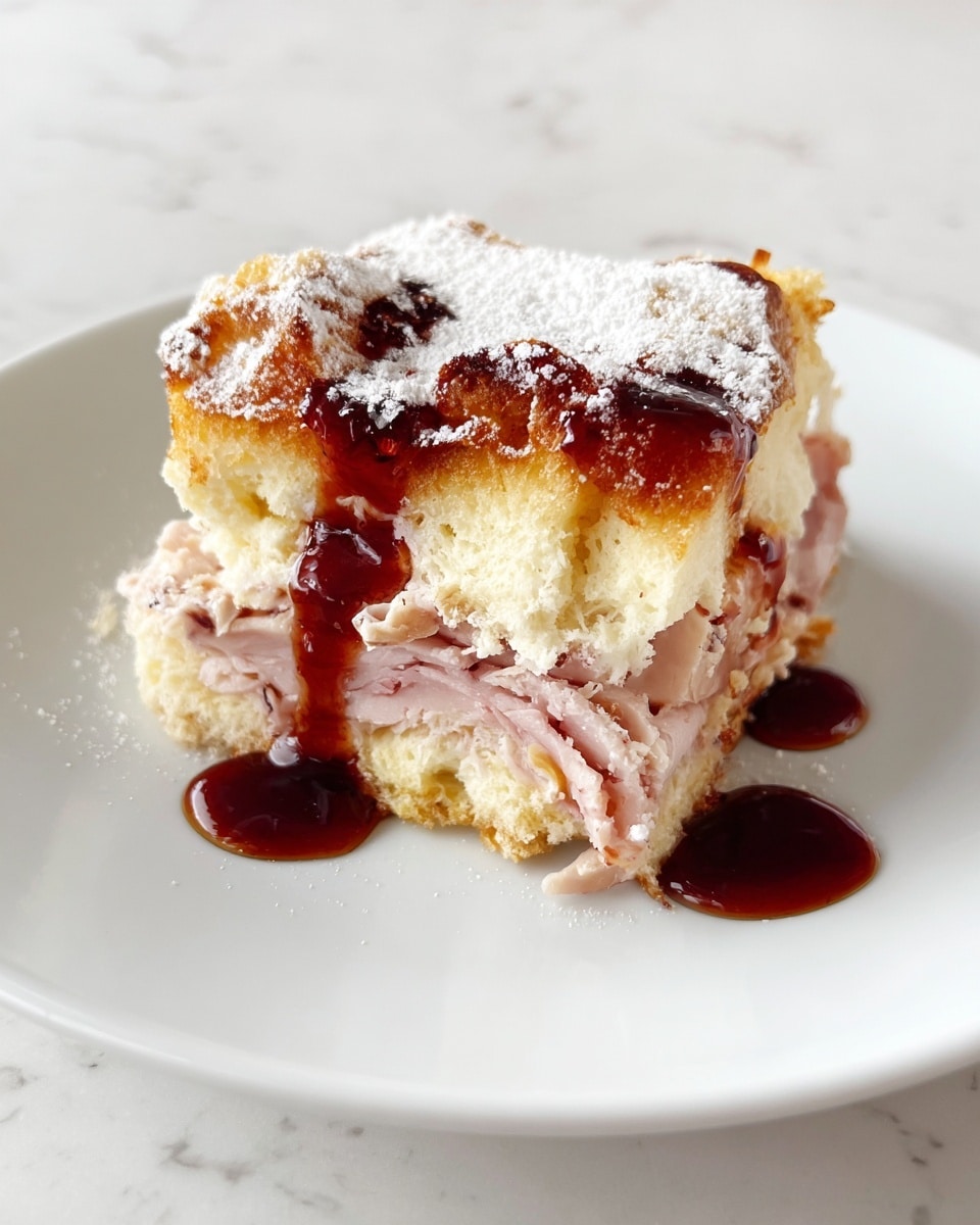 A single piece of layered dessert sits on a white plate, showing three main layers: the bottom layer is thin slices of light pink ham folded softly, the middle layer is thick, fluffy bread with a light golden-brown crust, and the top layer is a golden toasted bread crust dusted with white powdered sugar. On top and partially dripping down the sides is a glossy dark red sauce with a smooth texture. The white plate is placed on a white marbled texture surface. photo taken with an iphone --ar 4:5 --v 7