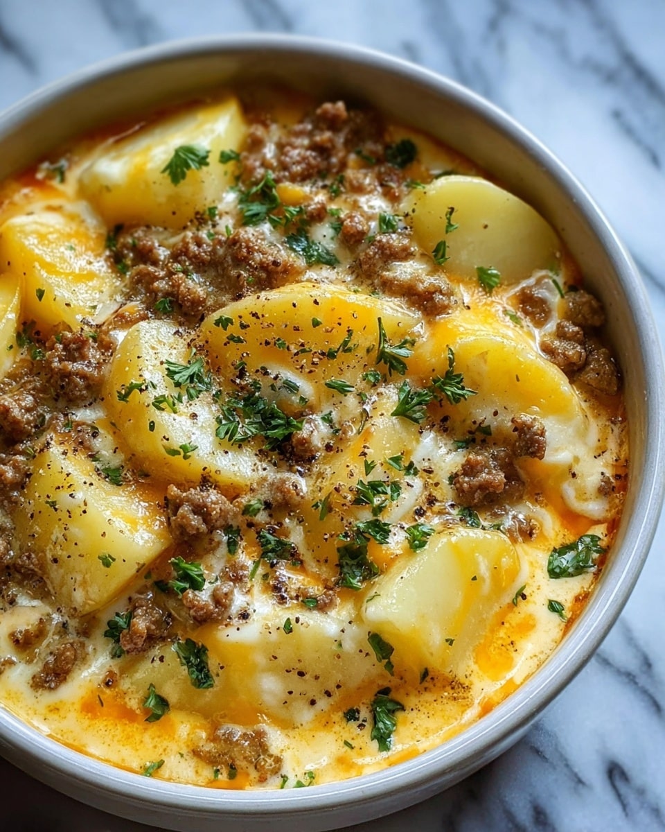 A close-up view of a creamy potato soup in a white bowl, showing several large white potato chunks spread evenly throughout the soup. There are small pieces of cooked ground meat scattered on top, mixed with a melted layer of orange-yellow cheddar cheese that slightly blends into the creamy white soup base. Fresh green herbs and black pepper flakes are sprinkled over the surface, adding contrast to the smooth and rich texture of the soup. All this sits on a white marbled background. photo taken with an iphone --ar 4:5 --v 7
