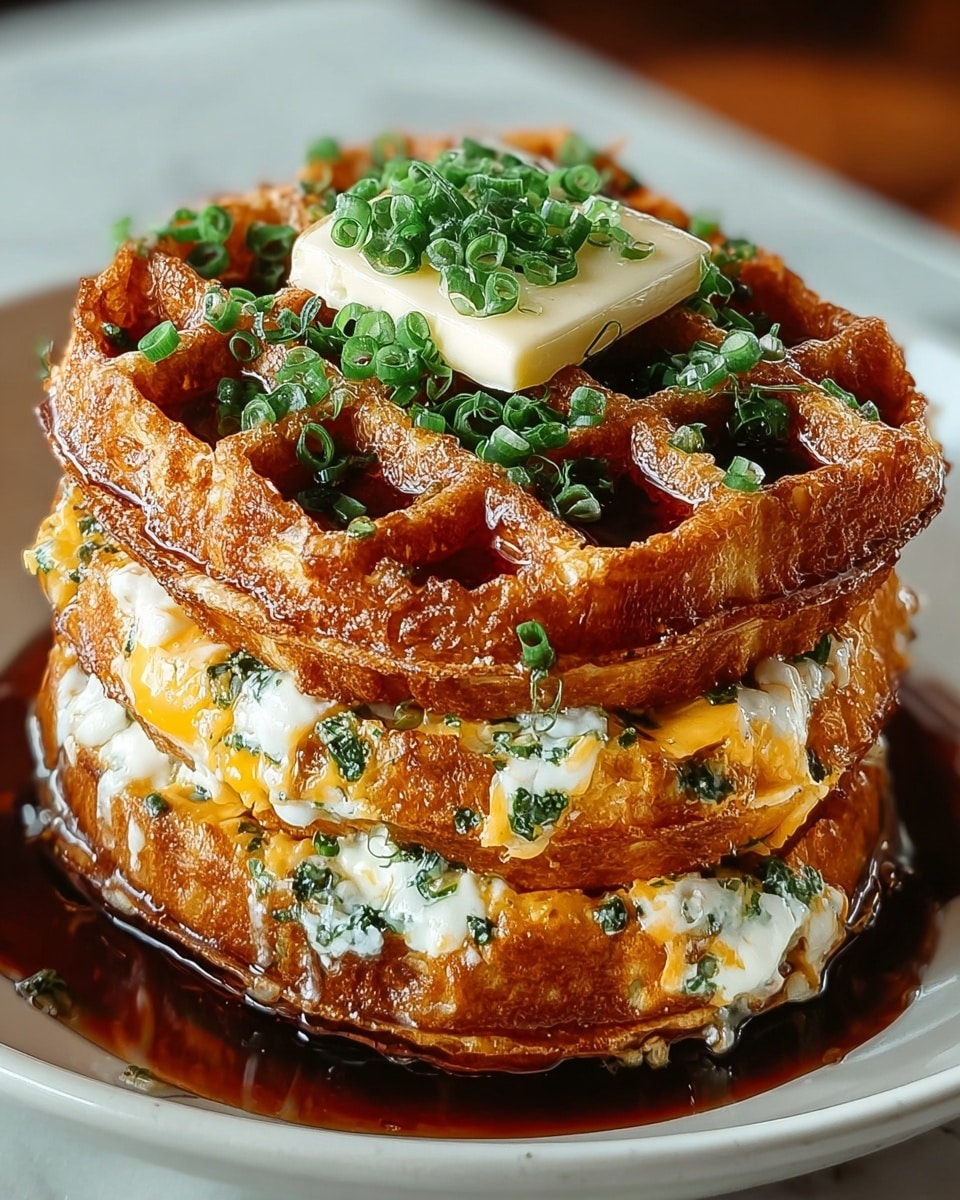 A stack of three golden-brown waffles sits on a white plate, each waffle showing a crispy texture with bits of green herbs baked in. The waffles are layered with melted cheddar cheese and a creamy white sauce that oozes slightly between them. On top, a square pat of butter rests, slowly melting, covered with finely chopped green onions. Dark syrup drips down the sides, adding a glossy shine to the crispy edges. The dish is set on a white marbled surface, showing a cozy close-up angle that highlights the rich textures. photo taken with an iphone --ar 4:5 --v 7