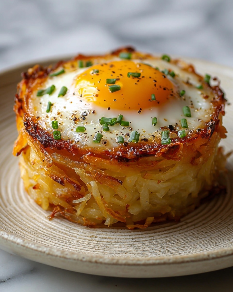 A round, thick stack of golden-brown shredded potato layers forms the base, displaying crispy edges and softer, warm insides. On top sits a perfectly cooked fried egg with a bright yellow yolk in the center, surrounded by the smooth, white egg white. Small green chives and black pepper flakes are sprinkled over the egg, adding specks of color and texture. The dish rests on a white plate with a textured surface, set against a white marbled background. photo taken with an iphone --ar 4:5 --v 7