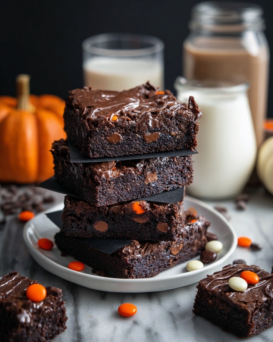 A stack of four thick, dark chocolate brownies with a shiny, slightly cracked top layer sits on a square white plate. Each brownie layer shows a dense, moist texture inside and is decorated with small round chocolate candies in dark brown, orange, and white colors placed on top. There is a small piece of dark parchment paper between the second and third brownies from the top. Around the plate, small brownie bites and scattered chocolate candy pieces rest on a white marbled textured surface. In the background, there is a small white pumpkin, a glass of creamy milk, and jars of chocolate drink. photo taken with an iphone --ar 4:5 --v 7