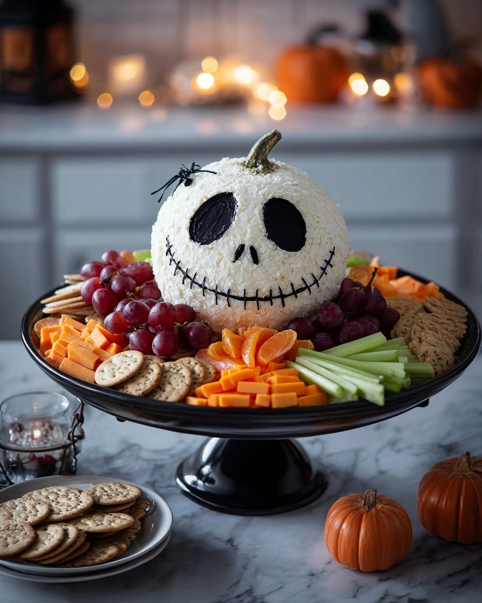 The image shows a large round white cheese ball shaped like a skull with big hollow black eyes, two small black nostrils, and a stitched smile drawn in black. It sits at the center of a black pedestal cake stand. Around the skull, in a single layer, are slices of orange cheese arranged like petals, clusters of red grapes, green-tipped orange veggie sticks, and beige round crackers. The cake stand is placed on a white marbled countertop with small Halloween pumpkin decorations nearby and soft candle lights in the background. photo taken with an iphone --ar 4:5 --v 7