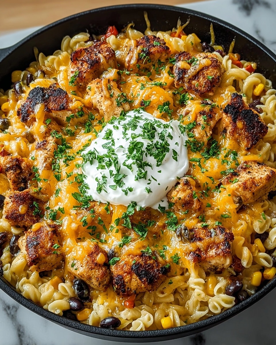 The image shows a black skillet filled with a layered pasta dish on a white marbled surface. The bottom layer is light yellow cooked pasta with small pieces of black olives and yellow corn kernels mixed in. Above it, there are golden brown, grilled chicken pieces that look crispy on the edges. The dish is topped with melted cheddar cheese, melting into the pasta and chicken, giving a shiny, orange-golden layer. In the center, there is a dollop of white sour cream sprinkled with bright green chopped parsley, which is also scattered over the rest of the dish, adding a fresh look. Photo taken with an iphone --ar 4:5 --v 7