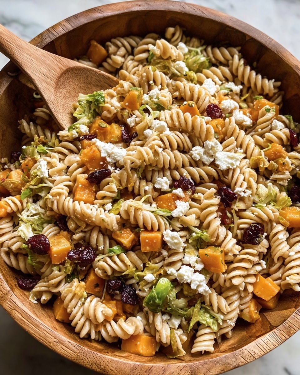 A large wooden bowl holds a pasta salad made of light tan rotini noodles mixed with bright orange cubes of butternut squash, small green Brussels sprout leaves, dried dark red cranberries, and small white crumbles of cheese scattered throughout. A woman's hand with light pink nail polish is holding a wooden spoon filled with a mix of the pasta, vegetables, and cheese, lifting it above the bowl. The background is softly blurred, highlighting the textures and colors of the salad ingredients. photo taken with an iphone --ar 4:5 --v 7