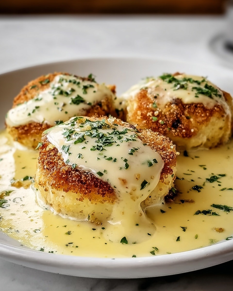 The image shows three golden-brown crab cakes arranged in a triangle on a white plate, each crab cake topped with a thick, creamy white sauce sprinkled with green herbs. The crab cakes have a crispy, textured outer layer, and the sauce is slightly glossy, dripping down the sides onto the plate. The background is softly blurred, and the plate rests on a white marbled surface. photo taken with an iphone --ar 4:5 --v 7