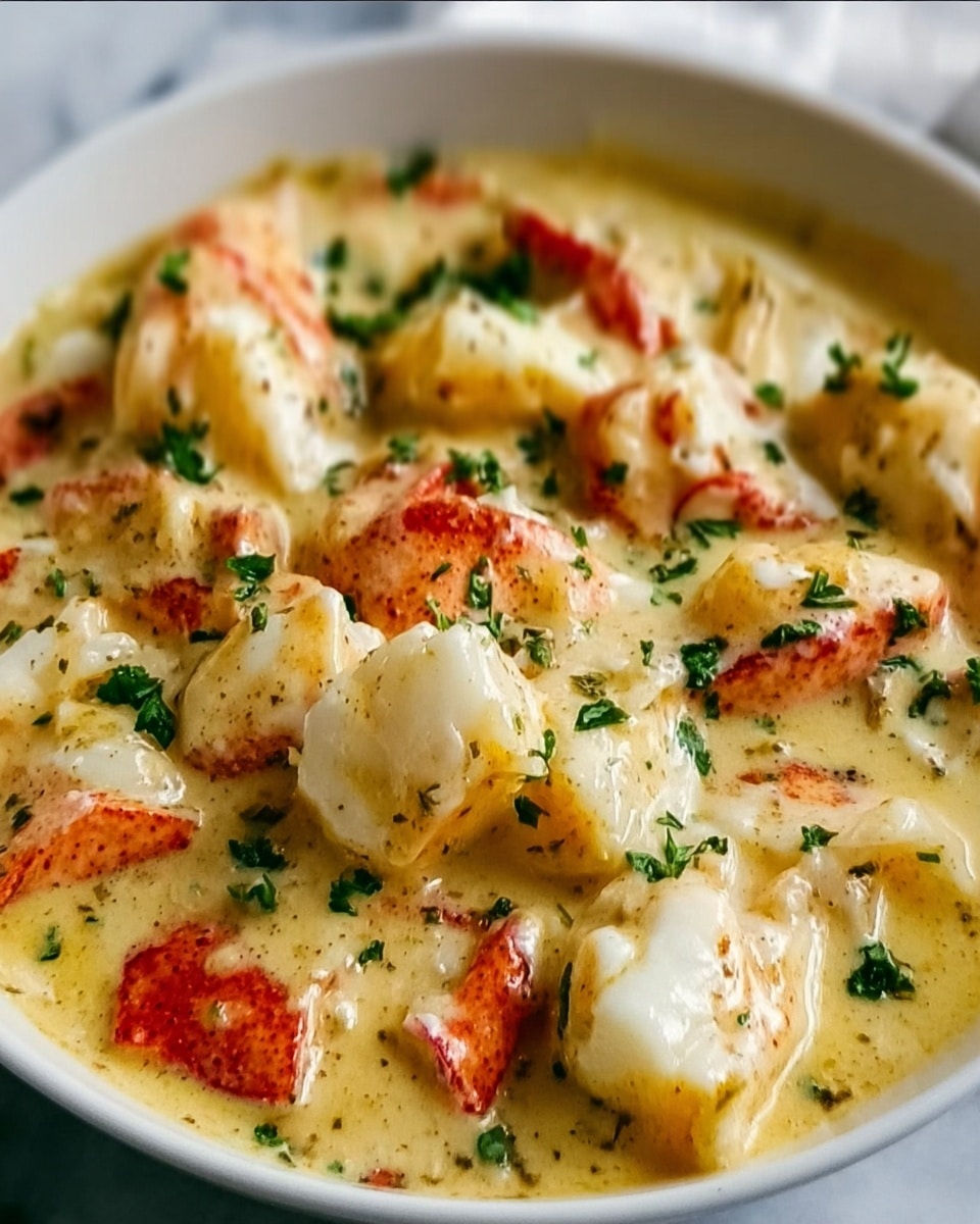 The image shows a close-up of a creamy dish filled with bite-sized chunks of white seafood and bright red crab meat pieces scattered evenly throughout. The creamy sauce is light yellow with a smooth, rich texture that lightly coats every piece. Small green herbs are sprinkled on the surface, adding contrasting color and freshness. The food is inside a white bowl, sitting on a white marbled texture surface. Photo taken with an iphone --ar 4:5 --v 7