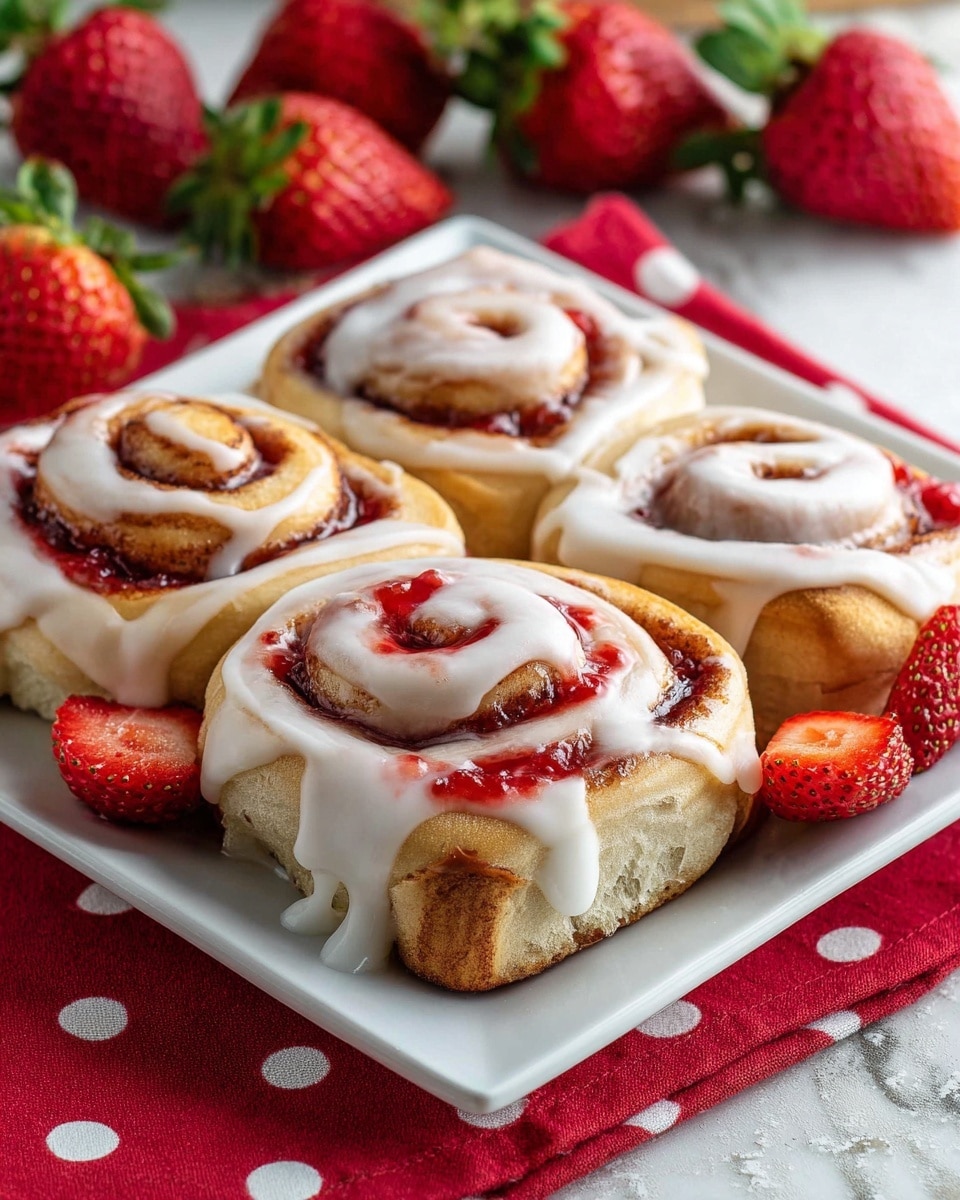The image shows three cinnamon rolls on a white plate, placed on a white marbled surface. Each cinnamon roll has multiple visible layers, starting with a golden brown, soft dough base. The dough is spiraled tightly with a cinnamon filling that has a slightly darker brown color. On top of each roll is a thick layer of creamy white icing that covers part of the swirls, with a fresh red strawberry slice placed in the center of the icing. The texture of the rolls looks soft and moist, and the icing appears smooth and slightly melting over the edges. The photo taken with an iphone --ar 4:5 --v 7