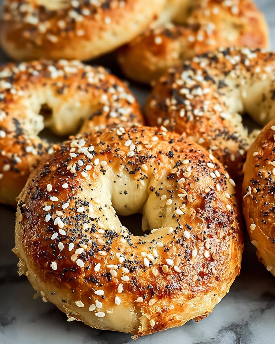 A close-up of several bagels with a shiny golden-brown crust, topped with white sesame seeds and dark poppy seeds scattered unevenly on the surface. The bagels have a slightly rough texture with small holes and cracks visible on the toasted crust. The inside of the bagels looks soft and light, with a pale creamy color. They are placed closely together on a white marbled surface, filling the frame with focus on the front bagel. photo taken with an iphone --ar 4:5 --v 7