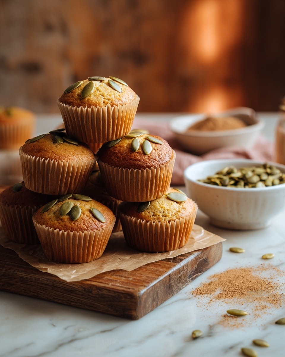 There are six golden-brown muffins stacked in a small pyramid on a piece of parchment paper placed on a wooden cutting board; each muffin is topped with green pumpkin seeds scattered unevenly on the smooth, slightly domed surface, and the muffins are wrapped in white ridged paper cups. To the right side, there is a small white bowl filled with green pumpkin seeds, some spilled seeds scattered nearby along with a light dusting of cinnamon or cocoa powder on a white marbled surface. The background is softly blurred with warm golden lights giving a cozy feeling. photo taken with an iphone --ar 4:5 --v 7