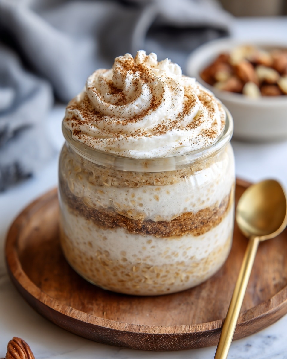 A clear glass jar sits on a round wooden tray beside a golden spoon, filled with multiple layers of oatmeal and creamy white yogurt mixed with specks of cinnamon, alternating evenly. The top layer is a thick swirl of whipped yogurt dusted generously with cinnamon powder, giving a warm brown contrast to the creamy white. The jar is the main focus, with a soft blurred background hinting at a bowl of nuts and a grey cloth, all set on a white marbled surface. photo taken with an iphone --ar 4:5 --v 7