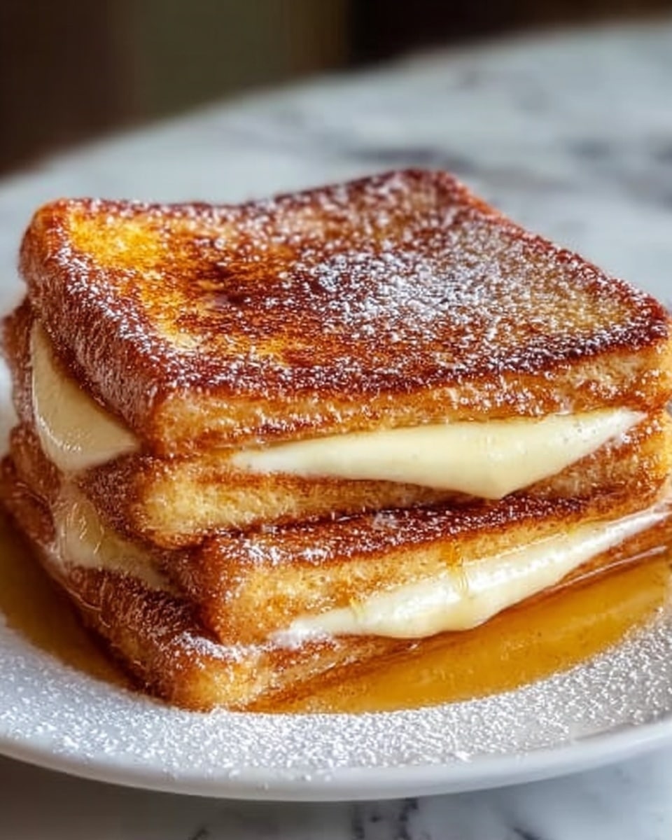 The image shows a stack of two thick, golden-brown French toast slices on a white plate. Each slice has a crispy, slightly caramelized surface dusted lightly with powdered sugar. Between the layers, there is a creamy, pale yellow filling that looks smooth and soft. The toast is glistening with syrup, pooling gently at the base of the stack, adding a shiny texture. The background is a white marbled texture. photo taken with an iphone --ar 4:5 --v 7