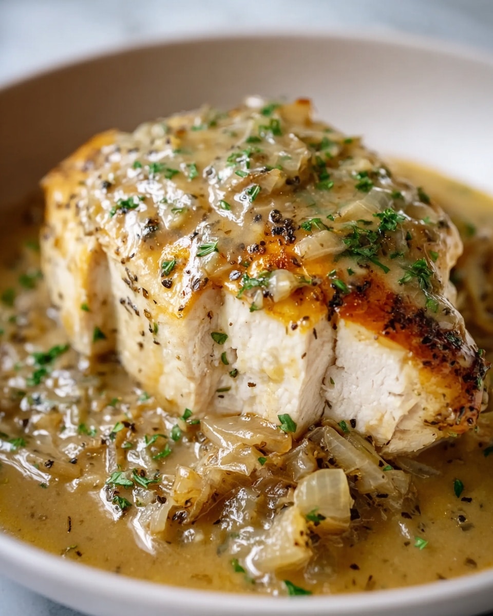 The image shows two large pieces of cooked chicken on a white plate, covered in a creamy beige sauce with visible black pepper and small bits of green herbs sprinkled on top and in the sauce. The chicken has a slightly browned and textured surface, with the sauce pooling around the base of the pieces. The sauce appears thick and glossy, giving the dish a rich and moist look. The plate sits on a white marbled texture background. photo taken with an iphone --ar 4:5 --v 7