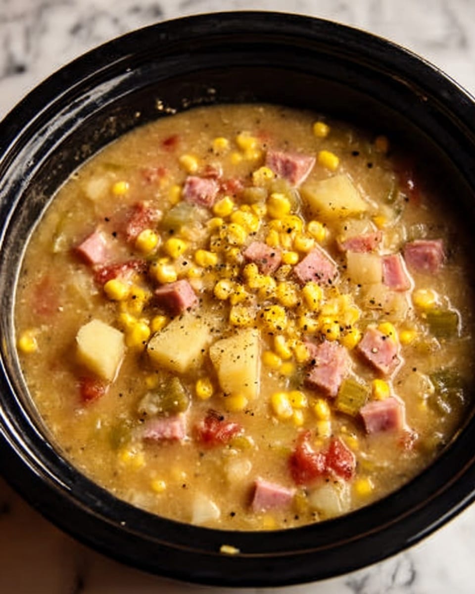 The image shows a black crockpot filled with a chunky soup that has many colorful ingredients. The soup has a thick base that is light brown and slightly creamy. Floating on top are bright yellow corn kernels and small light pink cubes of ham or meat. There are also pale yellow potato pieces and some green bits, possibly celery or pepper, mixed all through the soup. Red bits, likely tomatoes, add more color. On the surface, there are small black specks of ground pepper. The crockpot is sitting on a white marbled surface. Photo taken with an iphone --ar 4:5 --v 7