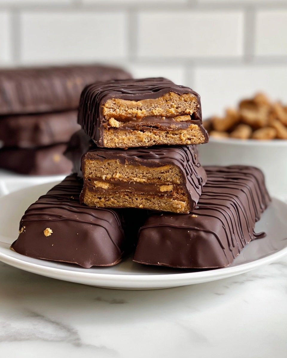 A stack of chocolate-coated bars is placed on a white plate with a white marbled surface underneath. The bars have a smooth dark chocolate outer layer with thin dark chocolate drizzle on top, creating a textured pattern. Two bars are cut in half and stacked on top, showing three inner layers of light brown, crumbly biscuit separated by two thinner layers of chocolate filling. The biscuit layers have a slightly grainy texture, and the chocolate layers inside look smooth and glossy. In the blurred background, there is a white bowl with small brown pieces inside, all set against a white tiled wall. photo taken with an iphone --ar 4:5 --v 7