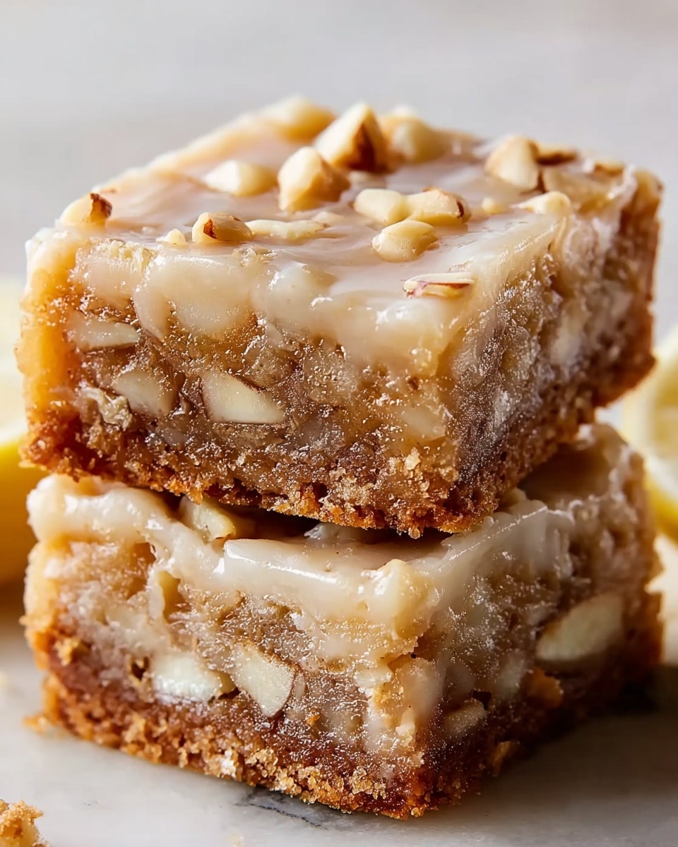 The image shows two stacked square bars with three clear layers: the bottom layer is a golden brown crust that looks firm and crumbly, the middle layer is a thick, creamy filling with visible chunks of light yellow fruit, and the top layer is a slightly crumbly, light golden crust covered with a shiny, smooth glaze that reflects light softly. The bars rest on a dark wooden surface with some crumbs around, and the background is softly blurred. photo taken with an iphone --ar 4:5 --v 7