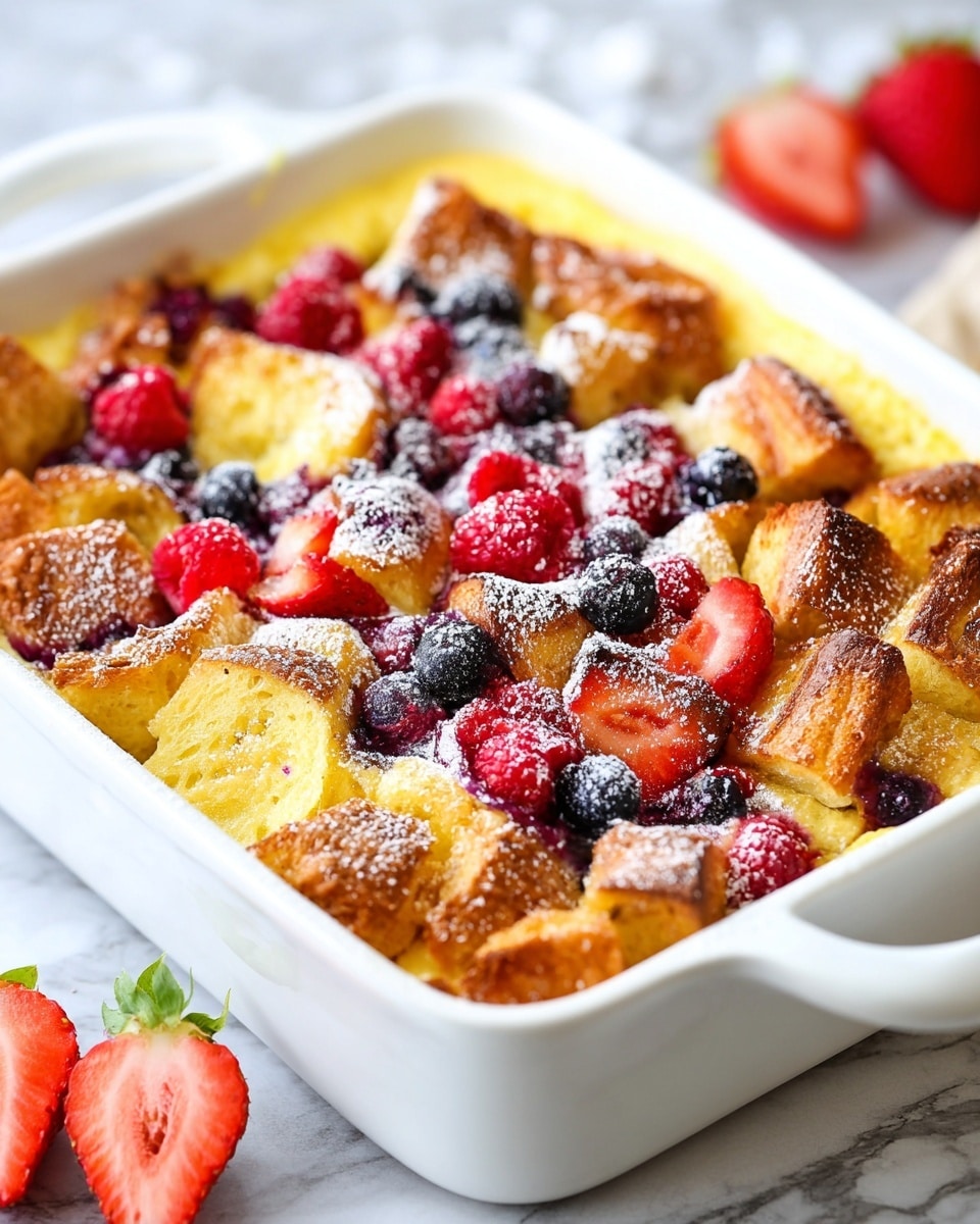 A white rectangular baking dish filled with a baked bread pudding that has three visible layers: the bottom layer is a soft, creamy yellow custard; the middle layer consists of golden brown, crispy croissant pieces that are uneven and flaky; and the top layer is scattered with bright red strawberry halves, deep red raspberries, and dark purple blueberries. The entire dish is lightly dusted with white powdered sugar, giving it a slightly snowy effect, and some of the berries have released juices that blend gently with the custard. The dish rests on a white marbled surface. photo taken with an iphone --ar 4:5 --v 7