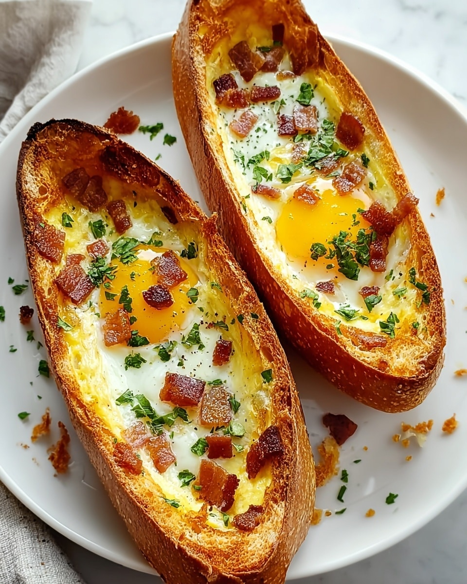 Two baked baguette halves with crispy golden-brown outer crusts on a white plate placed on a white marbled surface. Each hollowed-out baguette half is filled with a cooked egg layer showing bright yellow yolks and white, creamy egg whites. Scattered on top are small pieces of browned bacon and finely chopped green parsley, adding color and texture contrast. The edges of the bread near the filling are slightly toasted and golden, and small crumbs are around the base on the plate. The scene is bright and clear, with a cozy and fresh breakfast feel. photo taken with an iphone --ar 4:5 --v 7