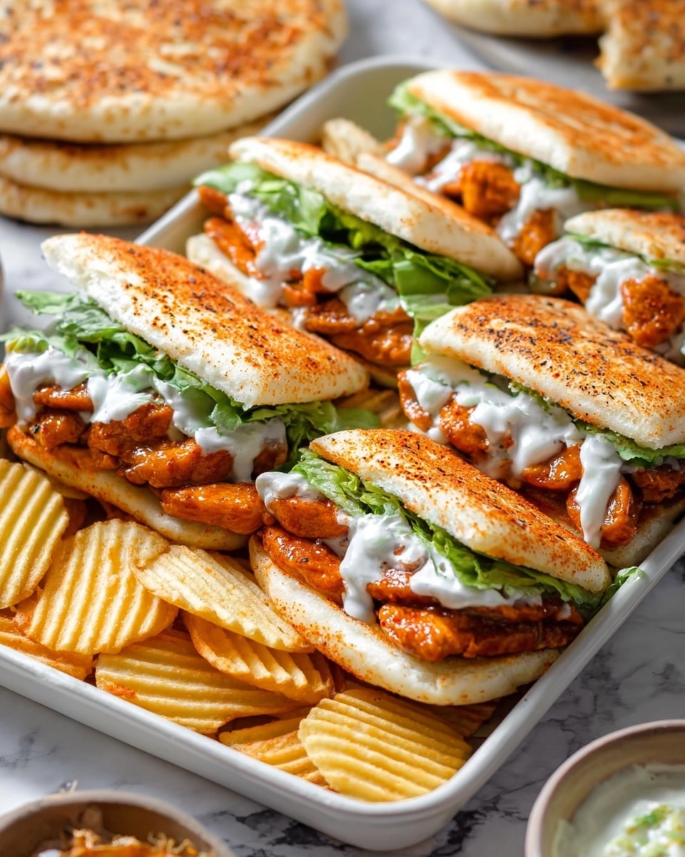The image shows a white tray filled with several small sandwiches, each topped with a golden-brown, crispy flatbread dusted with spices. Inside, there are three visible layers: a bottom layer of leafy green lettuce, a middle layer of reddish-orange, saucy chicken strips, and a top layer of white creamy sauce drizzled over the chicken. The sandwiches are arranged close together, and on the sides of the tray, there are ridged, golden chips. In the background, there are more pieces of flatbread and a small white bowl with a creamy sauce on a white marbled surface. Photo taken with an iphone --ar 4:5 --v 7