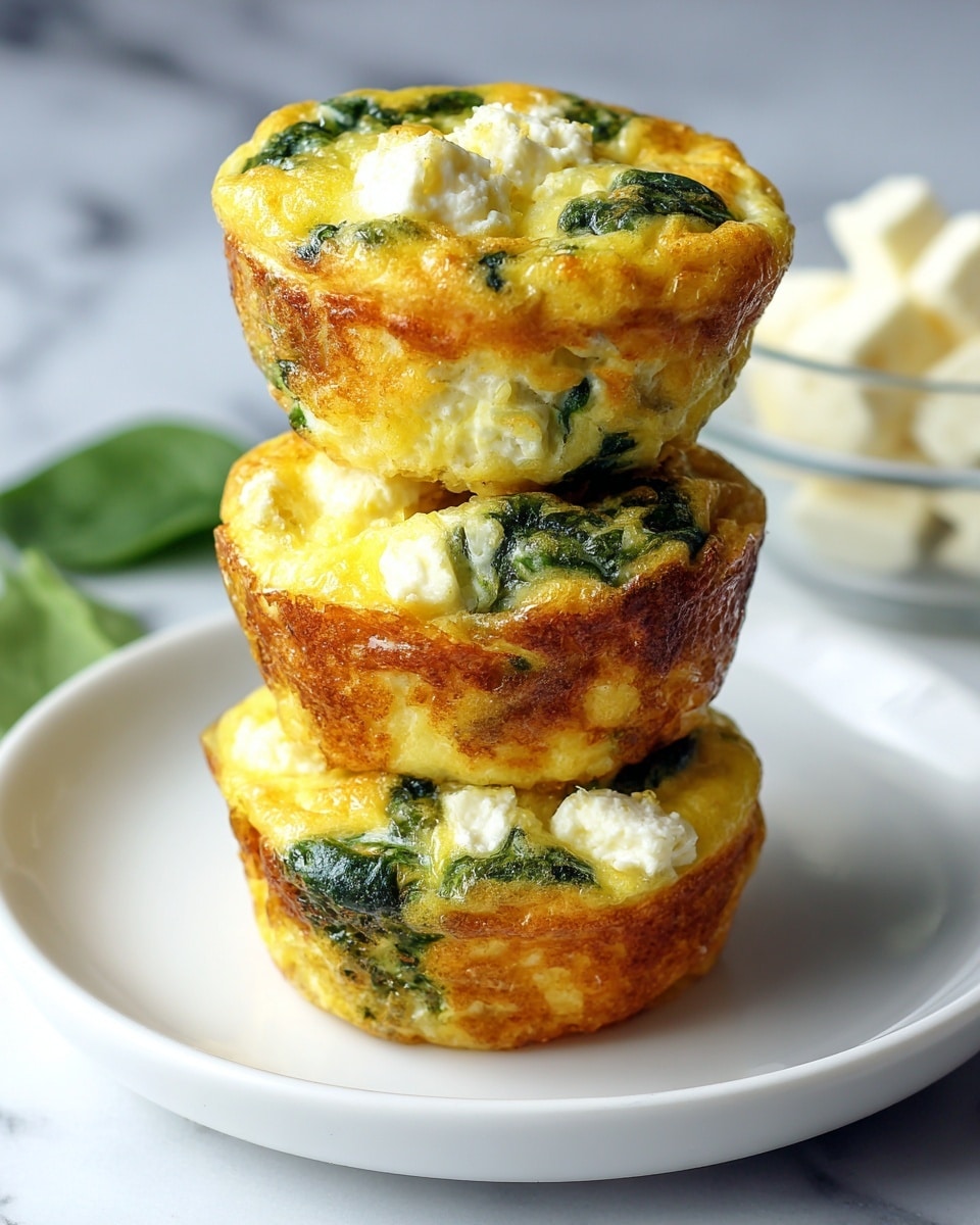 Three egg muffins are stacked on a white plate placed on a white marbled surface. Each muffin has a golden-brown outer edge with visible bright green spinach leaves and white cheese chunks embedded within the yellow egg base. The texture of the muffins looks soft and fluffy with slightly crispy edges. In the background, there is a small clear glass bowl with white cheese pieces and some blurred green leaves. The light source highlights the muffins' glossy surface, enhancing their fresh and appetizing look. Photo taken with an iphone --ar 4:5 --v 7