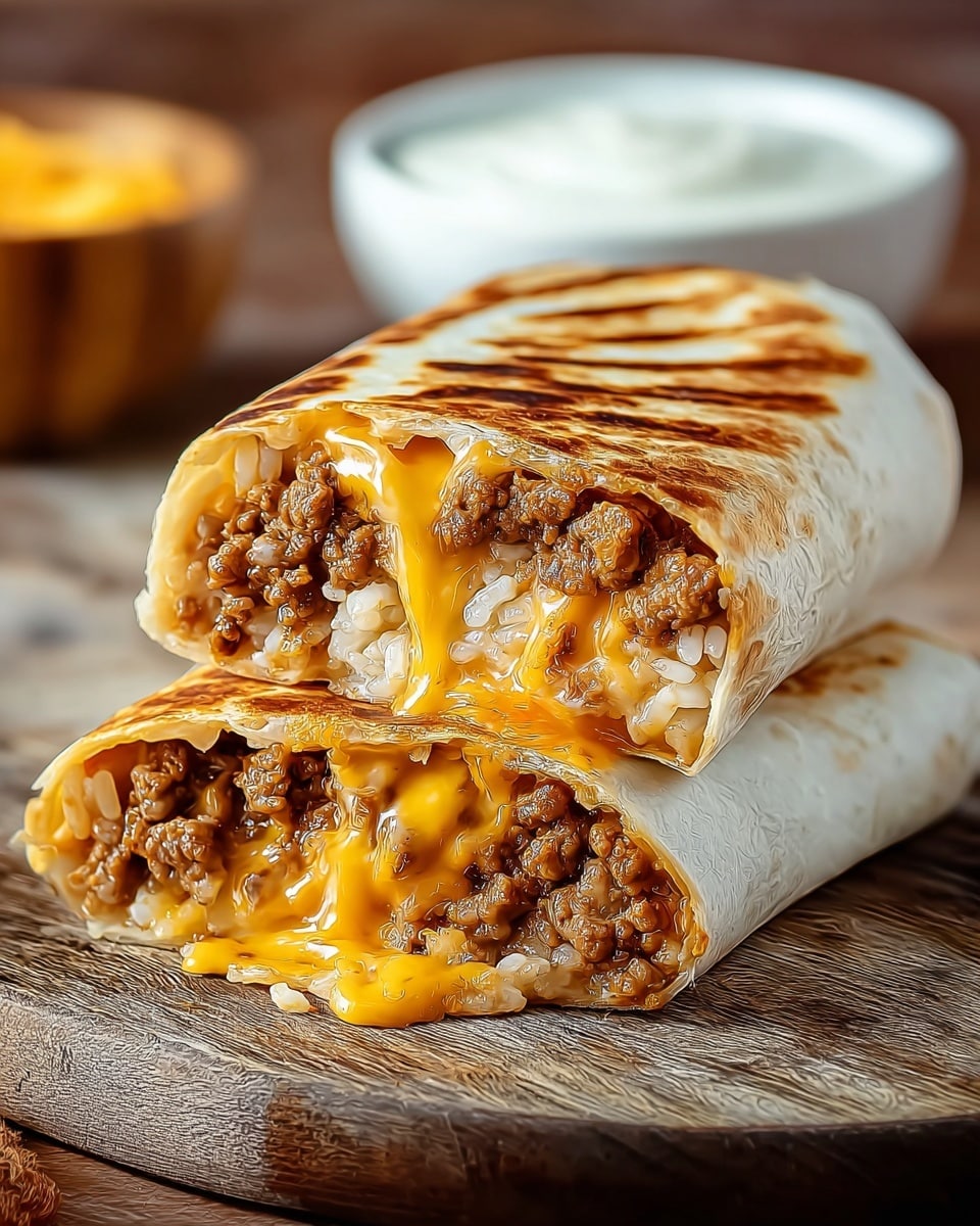 The image shows a cut burrito placed on a rustic wooden surface. The burrito has a toasted outer layer with golden-brown grill marks, giving it a crispy look. Inside, the burrito is filled with three visible layers: juicy ground beef with a crumbly texture, melted yellow cheese stretching in gooey strands, and soft cooked white rice mixed with some cheese. The burrito is cut in half with one half leaning on the other. In the background, there's a blurred white bowl with sour cream and another plate with yellow sauce. The whole scene sits on a white marbled texture. photo taken with an iphone --ar 4:5 --v 7