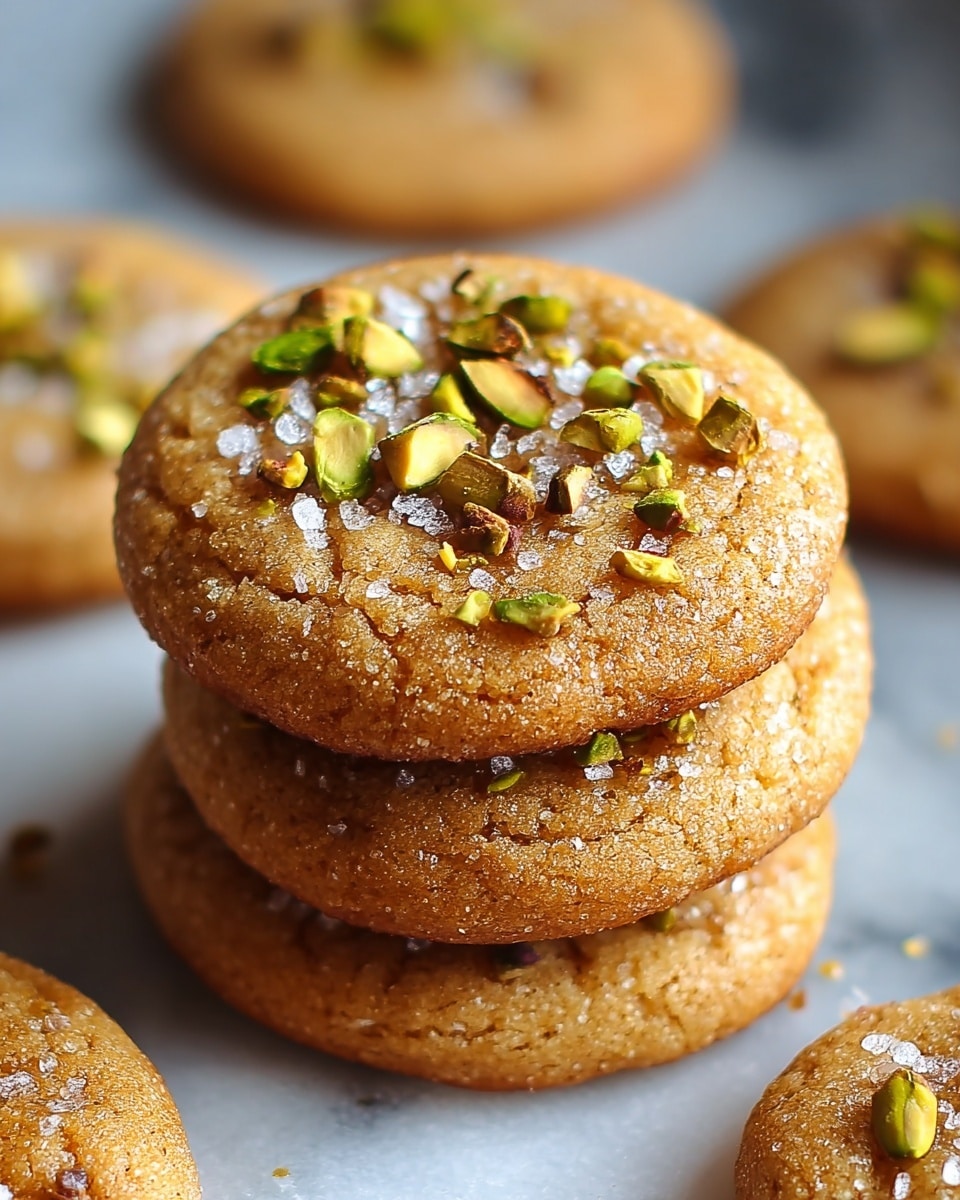 A stack of three round golden brown cookies with a slightly cracked texture is shown, each cookie topped with small chopped green pistachios and coarse white salt crystals scattered unevenly. The cookies have a shiny, slightly sticky surface that reflects light, giving them a fresh-baked look. More cookies with similar toppings are visible blurred in the background, all placed on a white marbled surface. photo taken with an iphone --ar 4:5 --v 7