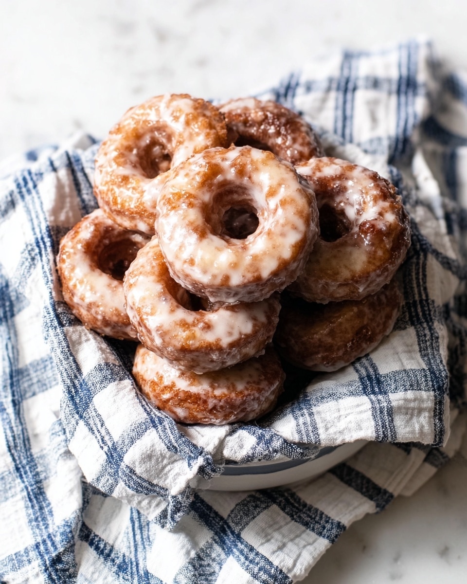 A white bowl lined with a blue and white striped cloth holds a stack of seven glazed donuts arranged in a slightly overlapping way. Each donut has a shiny, uneven white glaze with some darker brown spots showing the baked dough beneath. The donuts have a rough texture with small bumps and cracks, giving them a homemade look. The background is a white marbled surface with a blue and white checkered cloth underneath. The lighting highlights the glossy glaze and creates soft shadows around the bowl. photo taken with an iphone --ar 4:5 --v 7