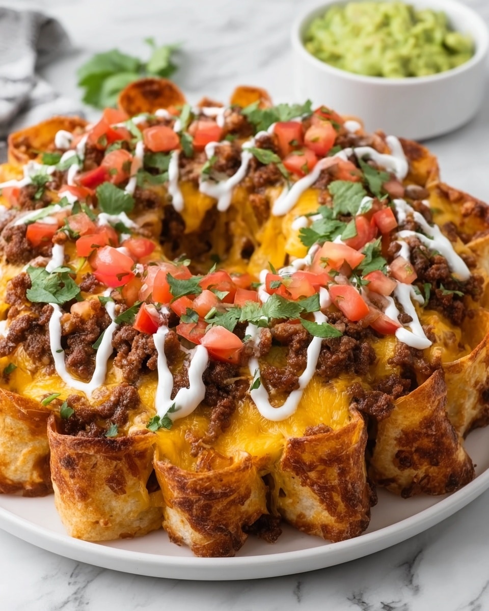 The dish is a ring-shaped stack of crispy nacho chips layered with melted golden and white cheese and cooked ground beef in between the layers, creating a thick, multi-layered look. The top layer is decorated evenly with dollops of white sour cream, bright red diced tomatoes, and sprinkled green chopped cilantro, adding fresh color contrast. The entire stack sits on a simple white plate, with some ground beef and diced tomatoes spilling out slightly at the base. The background shows a white marbled texture with blurred white bowls containing more diced tomatoes and cilantro. Photo taken with an iphone --ar 4:5 --v 7