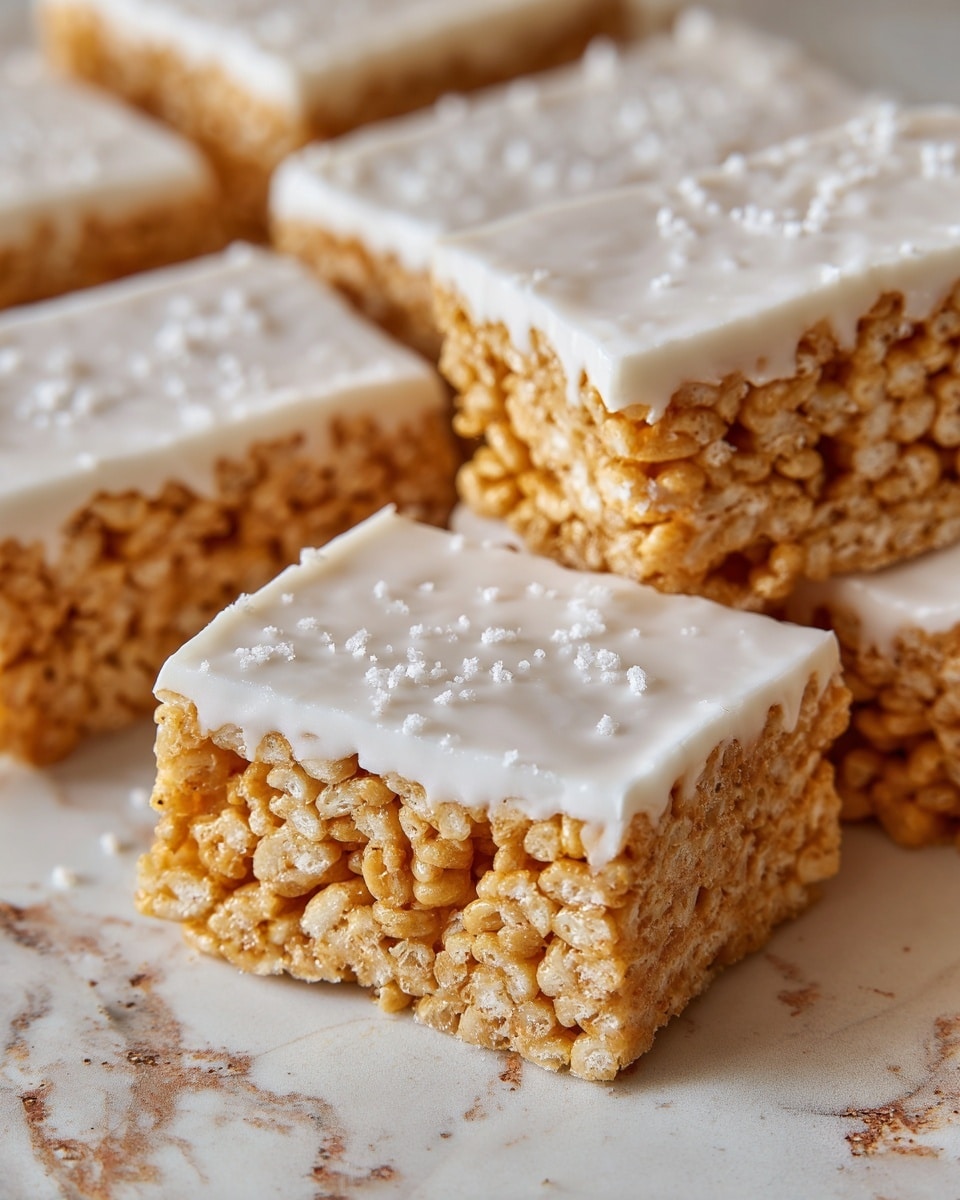 The image shows rectangular cereal bars stacked closely on a surface with a white marbled texture. Each bar has two layers: a thick bottom layer made of golden, crunchy puffed rice held together, and a thinner top layer of smooth white icing. The icing looks slightly shiny and is sprinkled with white powdered sugar. The bars are arranged in rows with one bar in front clearly visible, showing its textured puffed rice and neat icing top. Photo taken with an iphone --ar 4:5 --v 7
