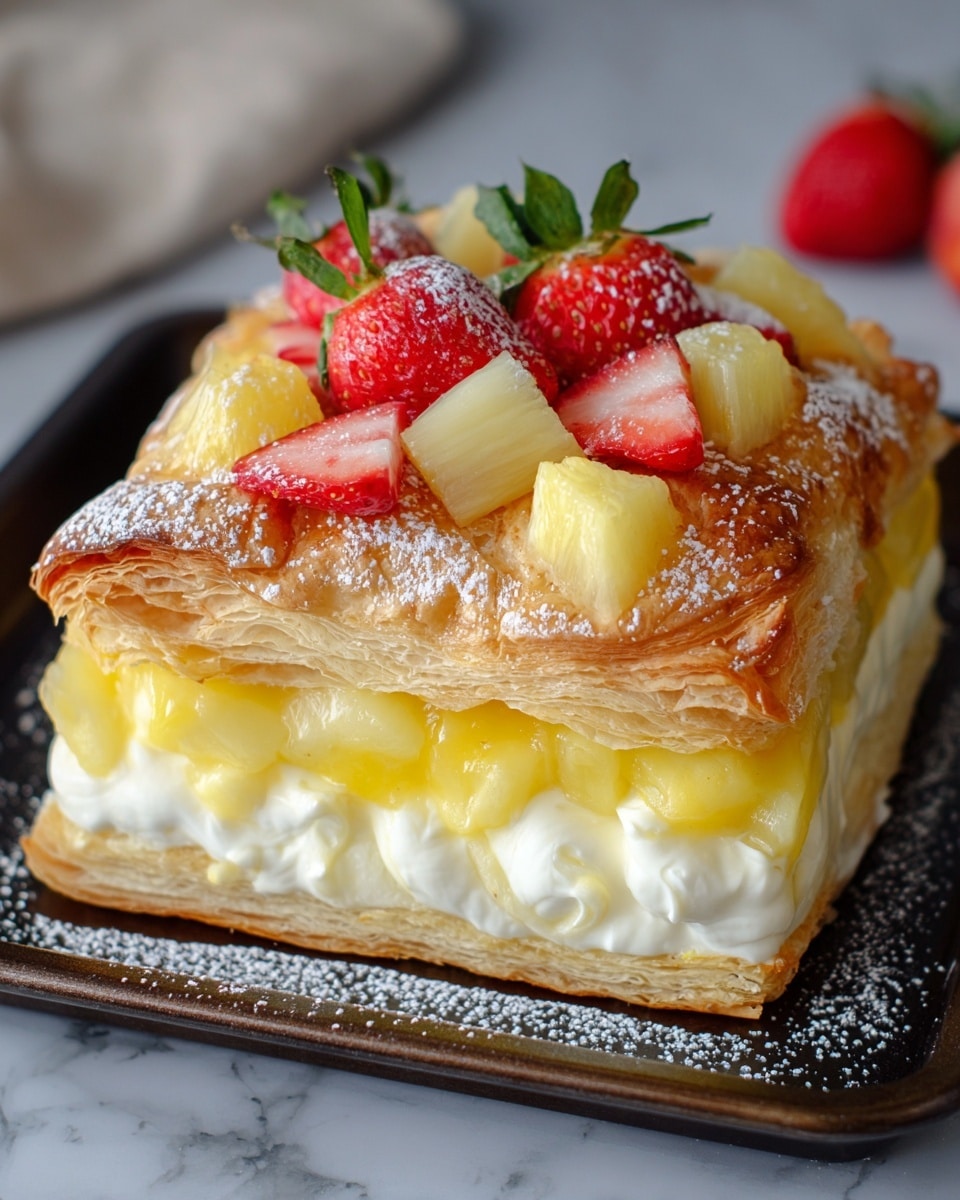 The image shows a square-shaped dessert with four clear layers; the bottom layer is a dense, golden-brown pastry crust, on top of it sits a thick, white cream filling with a slightly whipped texture, followed by a layer of glossy, yellow pineapple chunks mixed with creamy custard. The top layer features a folded, flaky golden-brown croissant edge, adorned with tri-colored fresh fruit pieces, including several halved bright red strawberries with green leaves and chunks of pale yellow pineapple, all dusted lightly with powdered sugar. The dessert is placed on a dark baking sheet, set on a white marbled background. Photo taken with an iphone --ar 4:5 --v 7