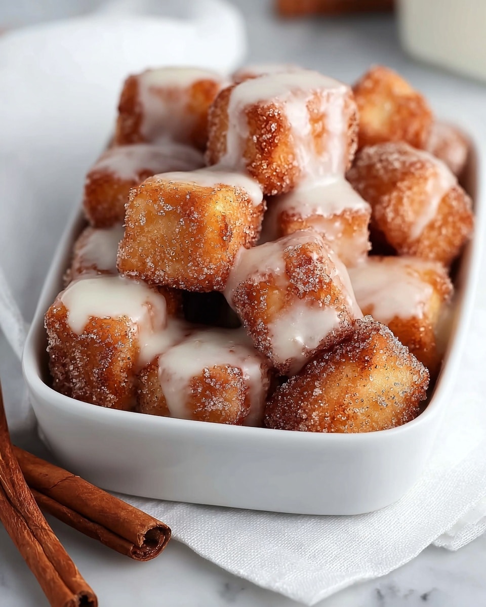 The image shows multiple small square pieces of fried dough coated with a golden-brown layer of cinnamon sugar, placed tightly in a white rectangular dish. Each piece is topped with a thick, glossy white glaze that drips slightly down the sides, creating a shiny contrast to the coarse sugar texture. The dough cubes have a crispy outer crust with a soft, light interior visible in some spots. The white dish rests on a white cloth over a white marbled surface, with a few cinnamon sticks placed in the bottom left corner for decoration. photo taken with an iphone --ar 4:5 --v 7