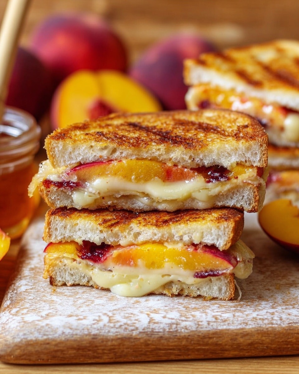 A close-up view of a grilled sandwich cut in half and stacked on a wooden surface with a white marbled texture. The sandwich has three layers of toasted bread, each golden brown with a slightly crispy texture on the outside. Between the slices, layers of melted light yellow cheese and slices of red and orange fruit, likely peach, create colorful, juicy layers. In the background, there is a second whole sandwich and parts of fresh peaches and a jar with honey and a wooden honey dipper. The image focuses on the texture of the toasted bread and the gooey melted cheese blending with the fresh fruit. Photo taken with an iphone --ar 4:5 --v 7