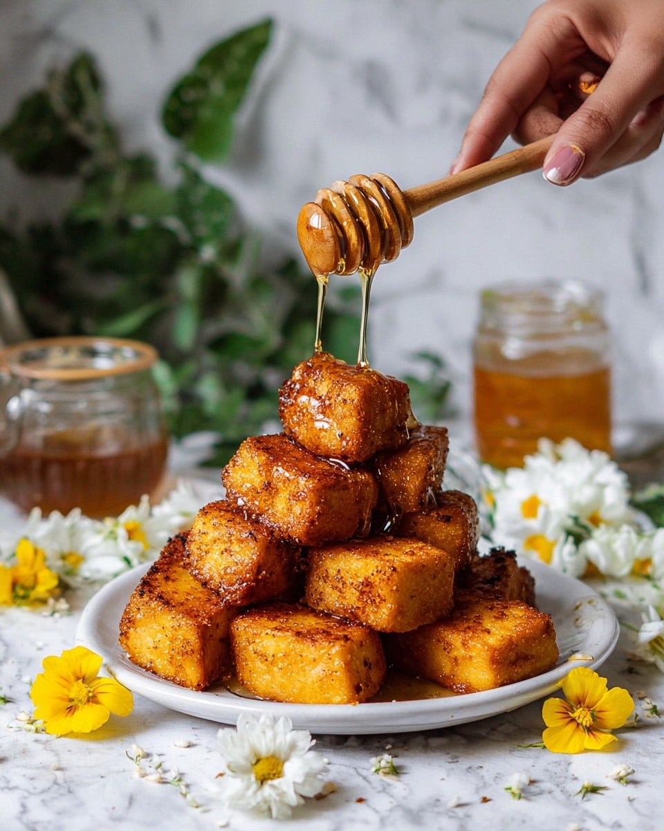 The image shows a white plate stacked with eight golden brown fried tofu pieces arranged in a mound, each piece having a slightly rough and crispy texture. A woman's hand holds a wooden honey dipper above the tofu, pouring thick, shiny honey that drips slowly onto the top tofu piece and runs down the sides, creating a glossy coating. Around the plate, white and yellow flowers are scattered on a white marbled surface, with a glass jar of honey and some green leaves blurred in the background. Photo taken with an iphone --ar 4:5 --v 7