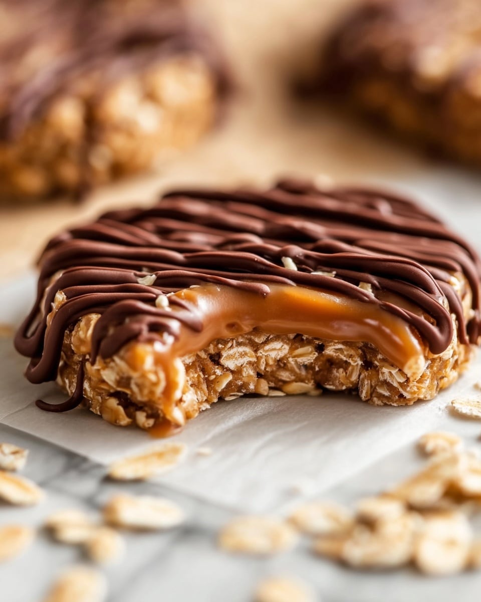 The image shows a close-up of a layered oatmeal and caramel cookie with a bite taken out of it, placed on a sheet of parchment paper over a white marbled surface. The bottom layer is a crunchy, golden-brown oatmeal base with visible oat flakes embedded. Above this is a thick, smooth caramel layer that looks slightly glossy and soft. The top layer is another oatmeal mix, slightly textured and golden, drizzled with thin, dark chocolate lines that create a striped pattern across the cookie. There are scattered oat flakes and extra chocolate drizzle on the white marbled surface around the cookie, giving it a natural, homemade feel. Photo taken with an iphone --ar 4:5 --v 7