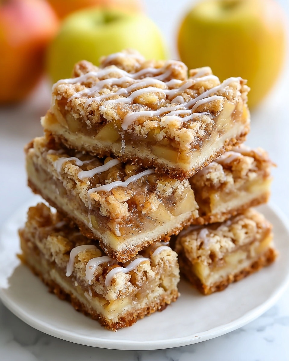 A stack of five square apple crumble bars sits on a white plate over a white marbled surface. Each bar has three visible layers: a crumbly golden-brown bottom crust, a thick middle layer of soft apple slices mixed with a cinnamon-spiced sauce giving it a warm light brown color, and a crumbly golden topping with irregular chunks scattered on top. A light white icing drizzle runs in thin lines across each bar, adding a glossy texture. The background is softly blurred with two yellow and orange apples visible. Photo taken with an iphone --ar 4:5 --v 7