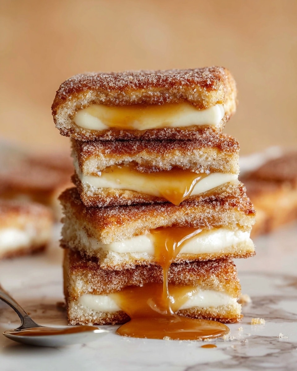 A stack of four square-shaped pastries is shown on a white plate, each pastry consisting of three layers: a crispy, golden-brown outer layer with a dusting of cinnamon sugar, a middle creamy white filling that looks smooth and soft, and another thin, golden-brown layer at the bottom. The pastries are slightly glazed with a shiny light brown syrup that pools on the plate around the base. The background features a soft, blurred white marbled texture, giving the scene a warm and cozy feel. photo taken with an iphone --ar 4:5 --v 7