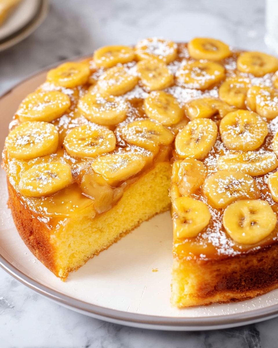 A round upside-down banana cake with one slice removed, showing two layers: a thick yellow sponge cake base and a top layer of glossy, golden caramelized banana slices cut into rounds, arranged closely side by side covering the whole top. The bananas have a slightly shiny, sticky look, and the cake is dusted with white powdered sugar over the top. It sits on a white plate with a grey rim, on a white marbled surface. Photo taken with an iphone --ar 4:5 --v 7