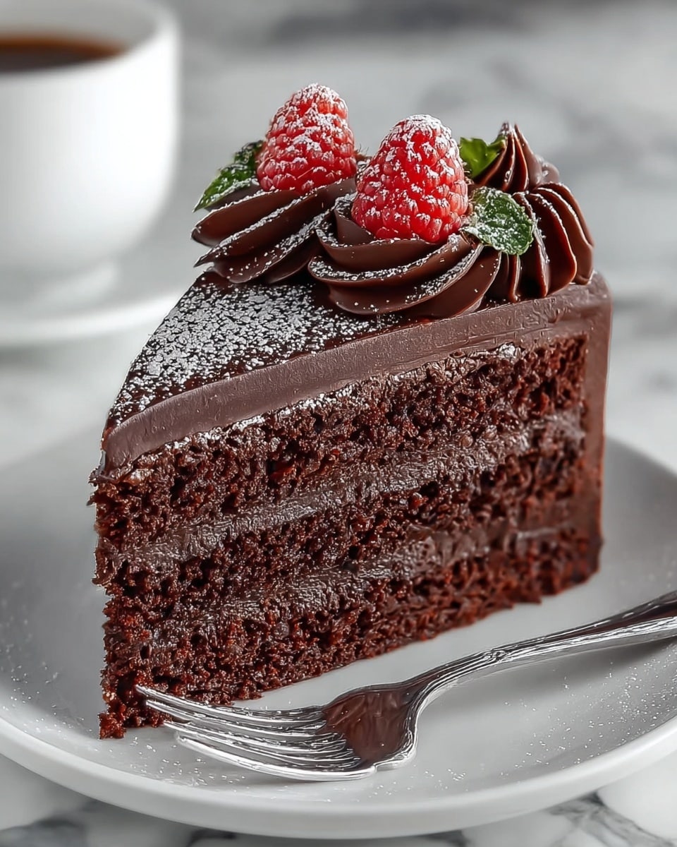 A slice of two-layer dark chocolate cake with smooth chocolate frosting between the layers and covering the top. On top, there are swirls of rich chocolate cream, each swirl dusted with powdered sugar. Three bright red raspberries with green leaves sit on the chocolate swirls, also dusted lightly with powdered sugar. The slice is placed on a white plate with a silver fork resting beside it, and the surface underneath has a white marbled texture. photo taken with an iphone --ar 4:5 --v 7