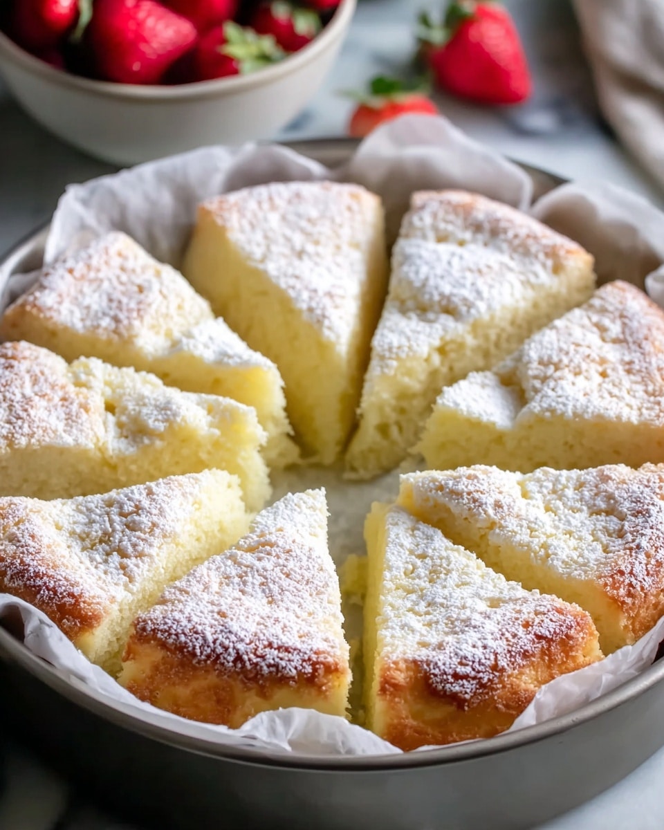 A round cake is cut into 12 thick triangular slices arranged neatly in a white paper liner inside a round metal pan. The cake has a soft, fluffy texture with a light golden brown top that is dusted evenly with powdered sugar, giving a snowy white look on each slice. The cake appears moist with a pale yellow inside and slightly crisp edges, sitting on a white marbled surface with a blurred bowl of bright red strawberries in the background. photo taken with an iphone --ar 4:5 --v 7