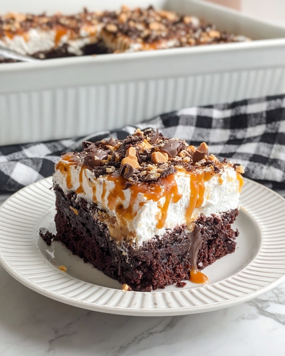 A square piece of dark brown chocolate cake sits in the center of a white plate with a textured rim, placed on a white marbled surface. The cake has three visible layers: a moist dark chocolate base, a thick white cream middle layer, and a top layer with glossy caramel drizzles and crushed chocolate and caramel candy pieces scattered on the cream. In the background, a large white rectangular baking dish holds the rest of the cake with one section missing, and a black and white checkered cloth is partially visible nearby. Photo taken with an iphone --ar 4:5 --v 7