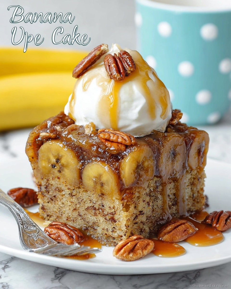 A square slice of upside-down banana cake is shown on a white plate with caramel sauce drizzled over and pooling underneath. The cake has two main layers: the bottom layer is dense and moist with a light brown color speckled with darker bits, while the top layer features glossy banana slices embedded in a shiny caramel topping. On top of the cake is a scoop of white whipped cream garnished with small pecan pieces and additional caramel sauce dripping down the sides. More pecans are scattered around the plate. A silver fork rests on the edge of the plate. The background features a blurred banana and a light blue cup with white dots, set on a white marbled surface. Photo taken with an iphone --ar 4:5 --v 7