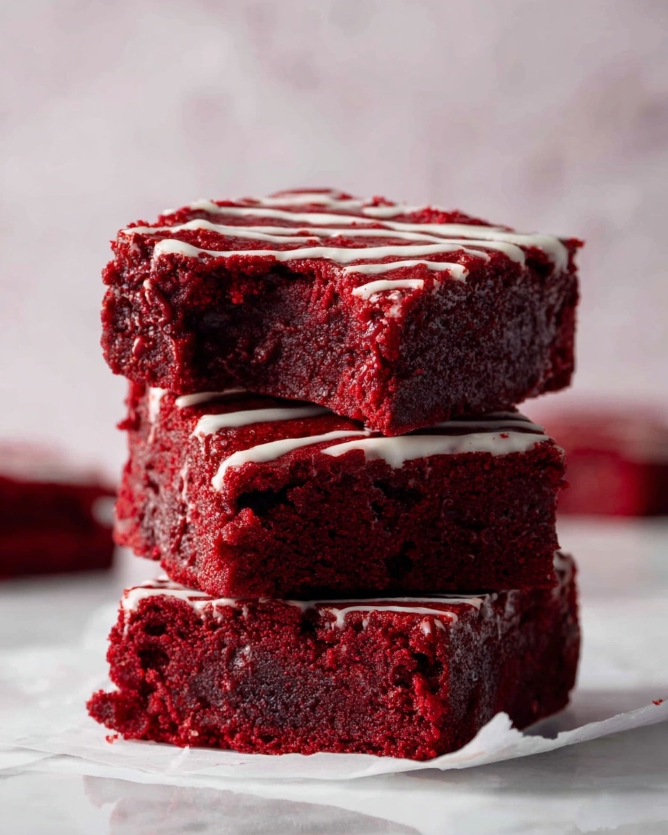 The image shows a close-up of several red velvet brownies with a rich, deep red color and a slightly cracked texture on top. Each brownie is decorated with thin, uneven white icing lines drizzled across the surface, adding contrast. One brownie in the center has a small bite taken out of it, revealing a moist, dense interior of the same red color. The brownies are placed on white parchment paper over a white marbled surface, with crumbs and bits of icing scattered around. Photo taken with an iphone --ar 4:5 --v 7
