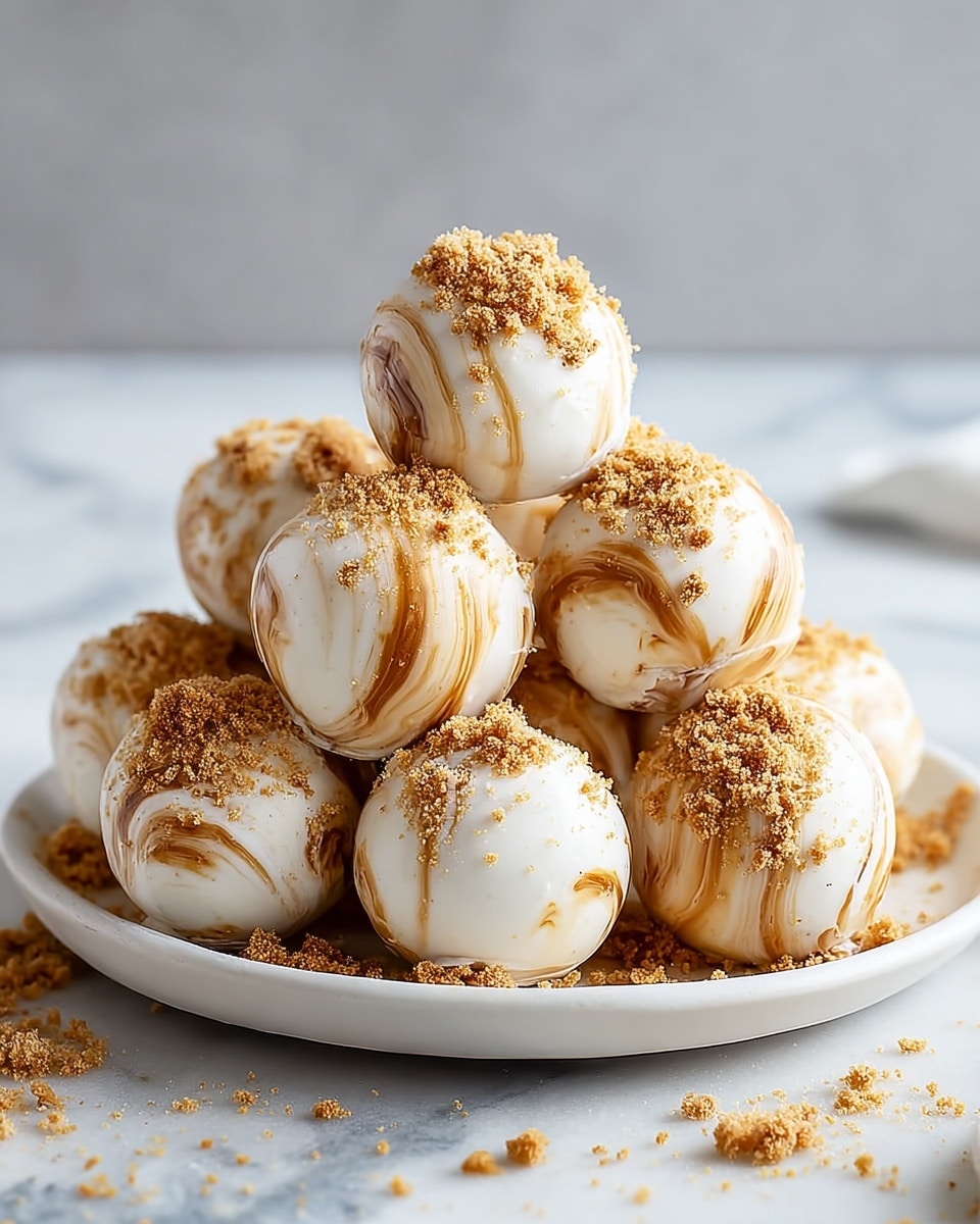 Nine round dessert balls are stacked in a pyramid shape on a white plate placed on a white marbled surface. Each ball has a smooth white creamy base with light brown caramel-like swirls in a marbled pattern, topped and partially coated with fine crumbly crushed cookie pieces. The cookie crumbs also scatter slightly around the plate. The background is soft and light grey, giving focus to the textured creamy balls and crumbs. photo taken with an iphone --ar 4:5 --v 7