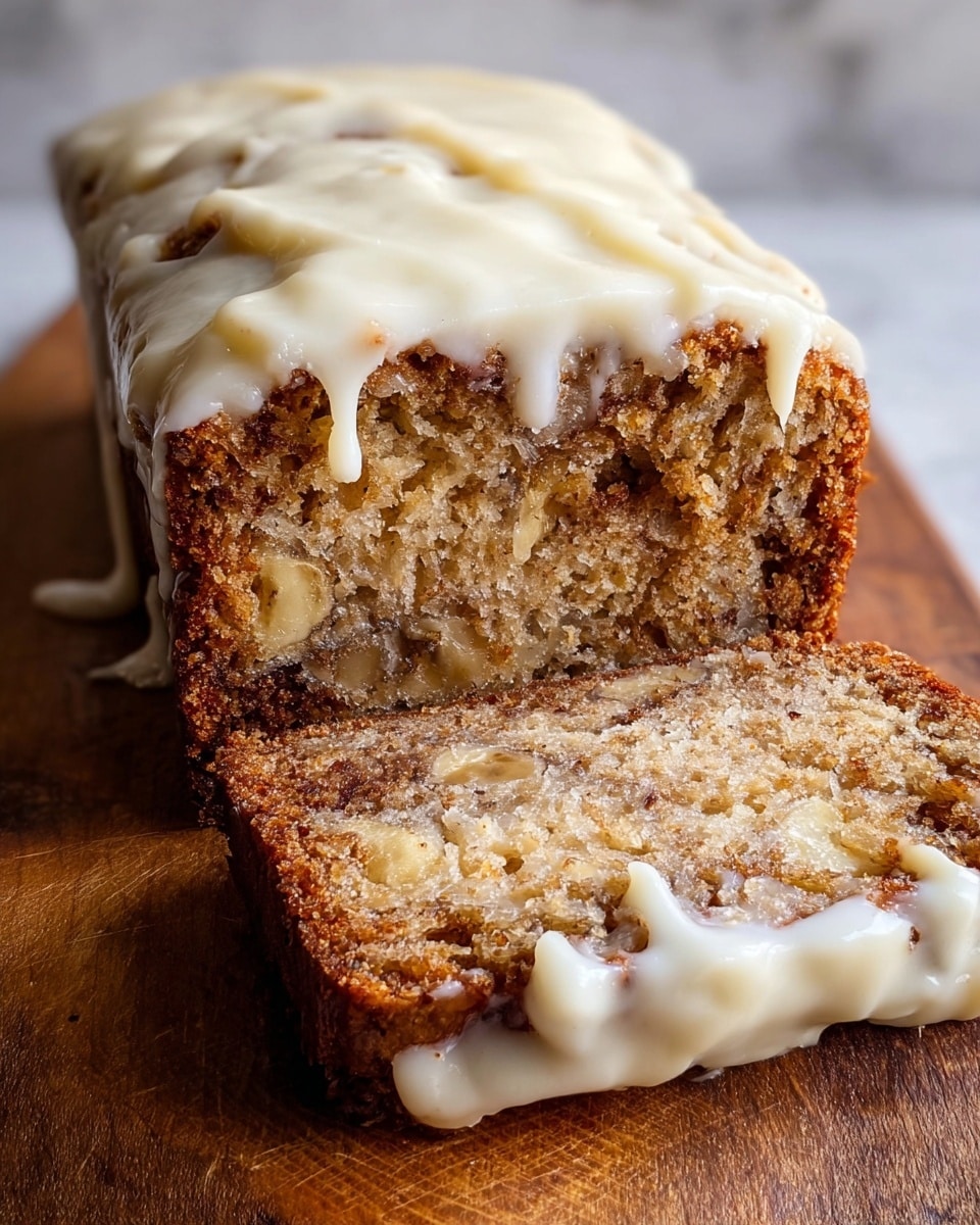A sliced banana bread loaf rests on a wooden board, showing two distinct layers: the dense, moist bread with visible chunks of banana in a golden-brown crumb, and a thick layer of smooth, creamy white frosting dripping slightly over the edges and onto the board. The top frosted layer has soft swirls and glossy texture, contrasting with the rough, textured bread inside. The image is closely focused, highlighting the moist crumb and melting frosting details. The background is a white marbled texture. photo taken with an iphone --ar 4:5 --v 7