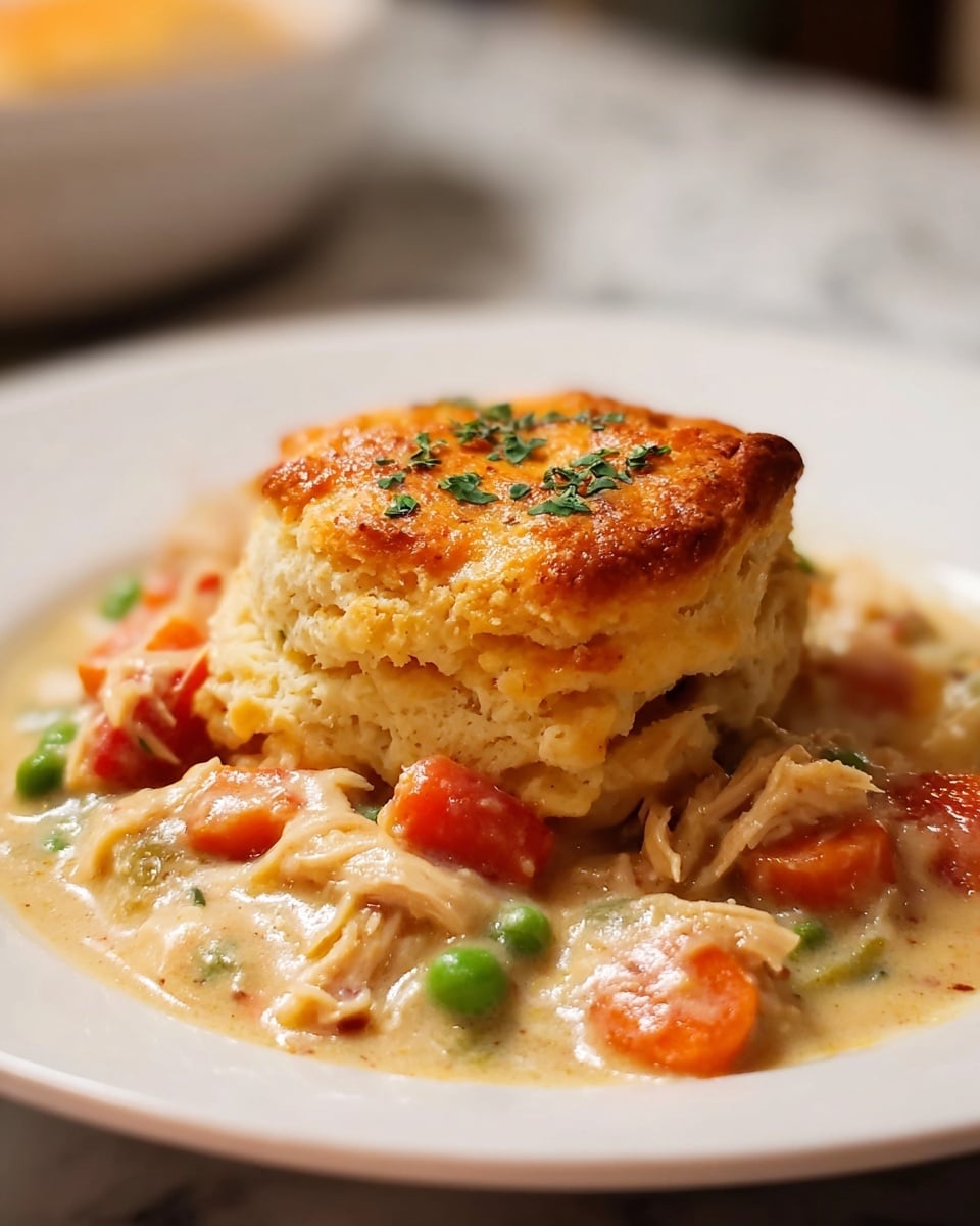 A white plate holds a golden brown biscuit with a flaky texture on top, sprinkled with small green herb pieces. Beneath the biscuit, there is a creamy chicken and vegetable stew that shows chunks of cooked orange carrots, green peas, and white shredded chicken in a light beige sauce. The dish is set against a blurred background with a white marbled surface visible. photo taken with an iphone --ar 4:5 --v 7