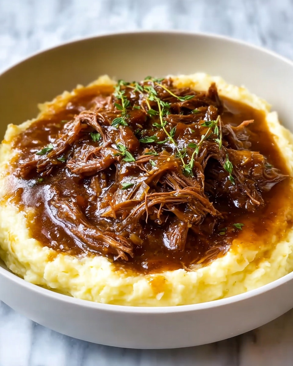 A white bowl holds a dish with two main layers: the bottom layer is creamy mashed potatoes with a soft and fluffy texture in pale yellow-white color, while the top layer is shredded beef in a thick, glossy brown gravy with small bits of herbs and onions mixed in. The beef looks tender and moist, with visible strands of meat and fresh green herb sprigs scattered on top. The edges of the mashed potatoes are slightly uneven, creating a natural border for the sauce and beef to sit in. The background is a white marbled surface. photo taken with an iphone --ar 4:5 --v 7